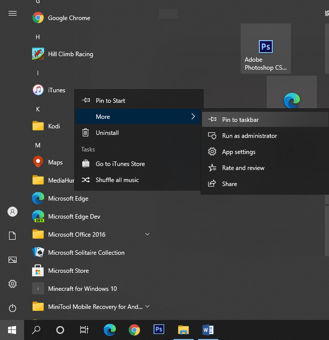 pin shortcuts from Start to the taskbar