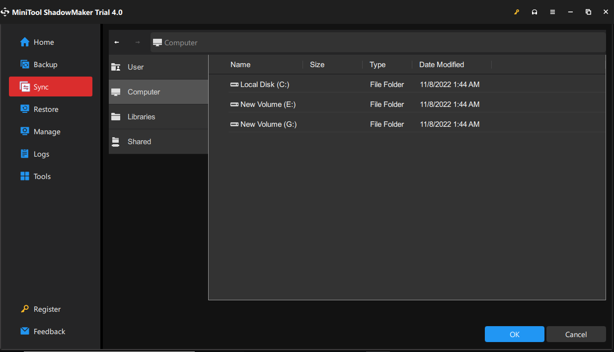 Choose destination folder from computer